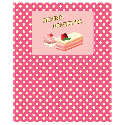 rezeptordner retro, pink-gelbe optik mit kleinen kuchen und der aufschrift meine rezepte, frontansicht