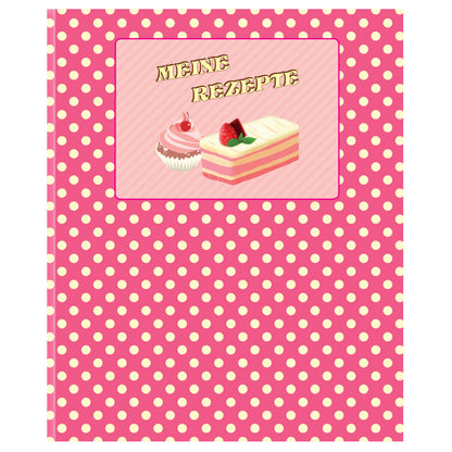 rezeptordner retro, pink-gelbe optik mit kleinen kuchen und der aufschrift meine rezepte, frontansicht