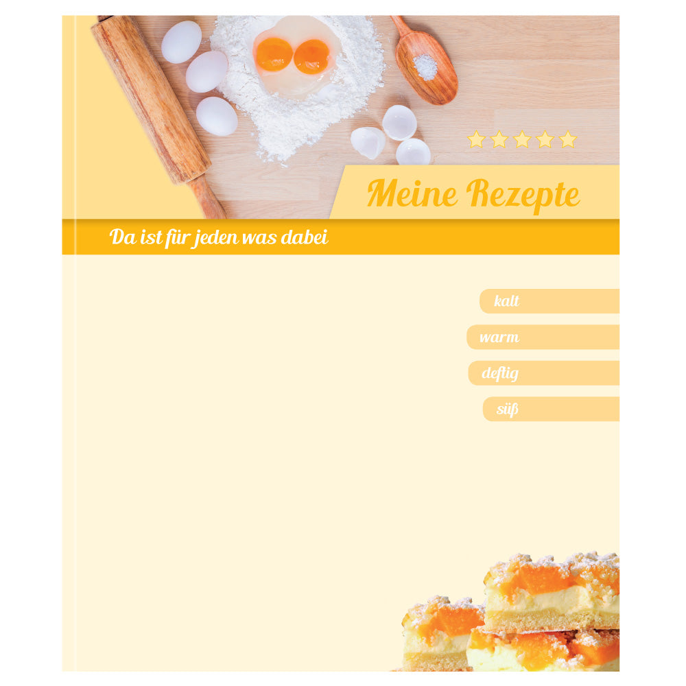 rezeptordner zutaten, gelbe optik mit backzutaten, kuchen und der aufschrift meine rezepte, frontansicht