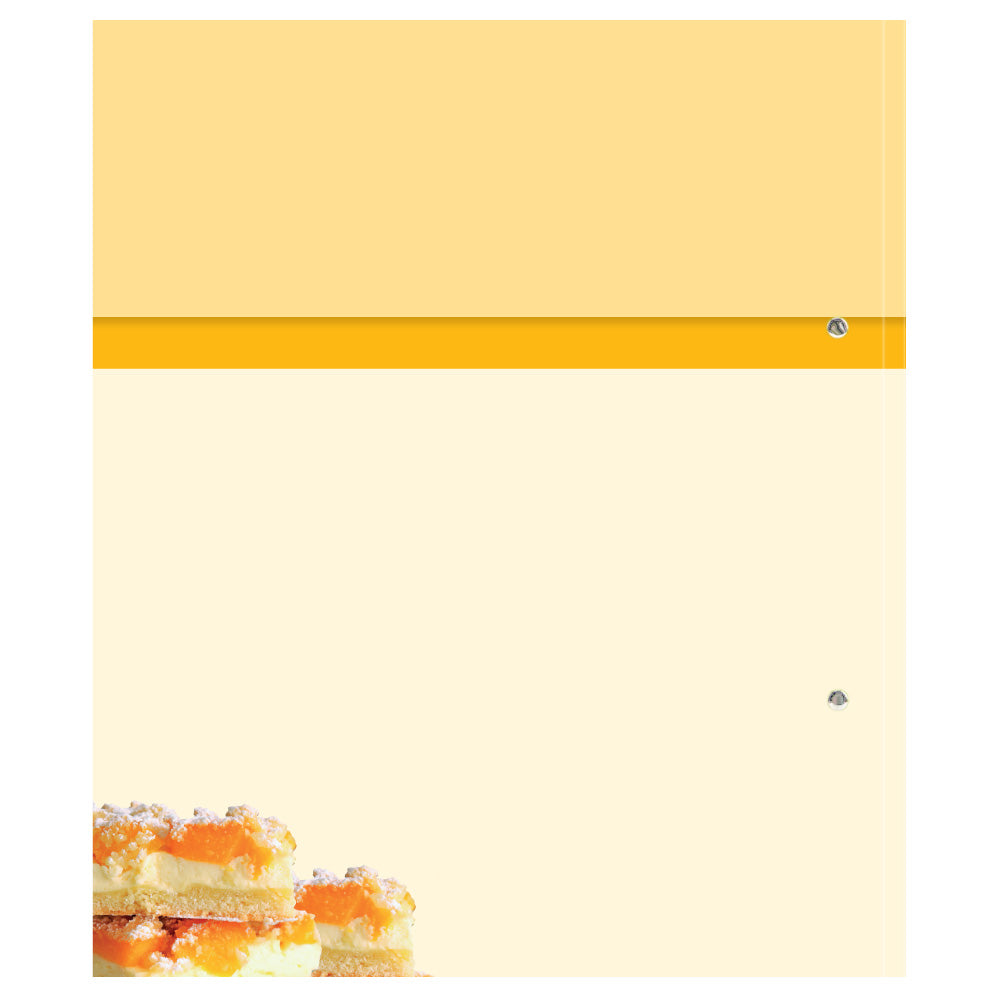 rezeptordner zutaten, gelbe optik mit  kuchen, ansicht rückseite