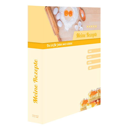 rezeptordner zutaten, gelbe optik mit backzutaten, kuchen und der aufschrift meine rezepte, seitliche ansicht