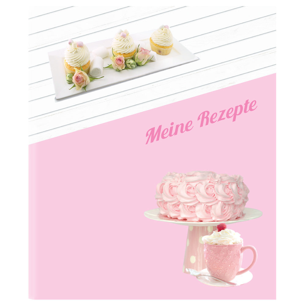 rezeptordner cupcake, rosa-weiße optik mit cupcakes, torte und der aufschrift meine rezepte, frontansicht