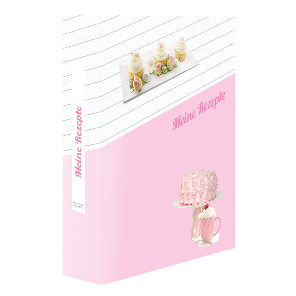 rezeptordner cupcake, rosa-weiße optik mit cupcakes, torte und der aufschrift meine rezepte, seitliche ansicht