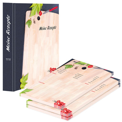 rezeptordner mit rezeptblöcken schneidebrett, schwarze optik mit holzschneidebrett und der aufschrift meine rezepte, seitliche ansicht