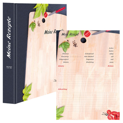 rezeptordner mit rezeptblöcken schneidebrett, schwarze optik mit holzschneidebrett und der aufschrift meine rezepte, frontansicht