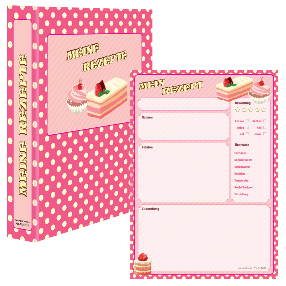 rezeptordner mit rezeptblock retro, pink-gelbe optik mit cupcakes, kuchen und der aufschrift meine rezepte, frontansicht