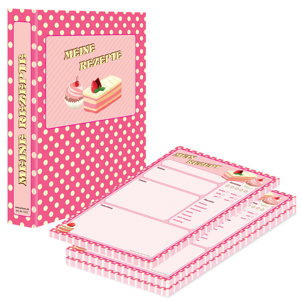 rezeptordner mit rezeptblock retro, pink-gelbe optik mit cupcakes, kuchen und der aufschrift meine rezepte, seitliche ansicht
