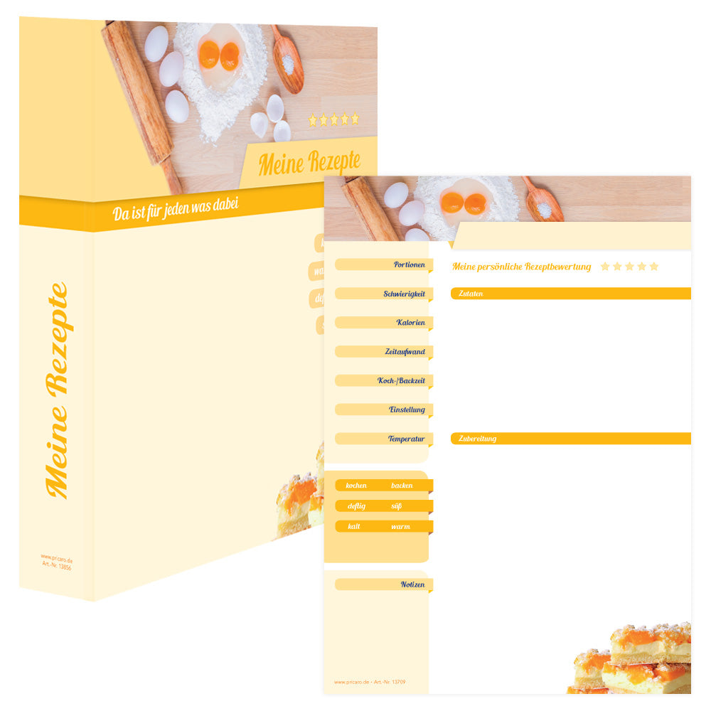 rezeptordner mit rezeptblock zutaten, gelbe optik mit verschiedenen backzutaten, kuchen und der aufschrift meine rezepte, frontansicht