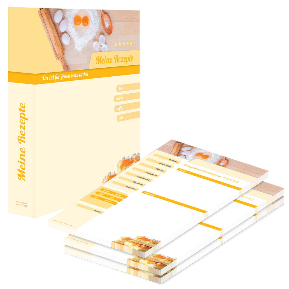 rezeptordner mit rezeptblock zutaten, gelbe optik mit verschiedenen backzutaten, kuchen und der aufschrift meine rezepte, seitliche ansicht