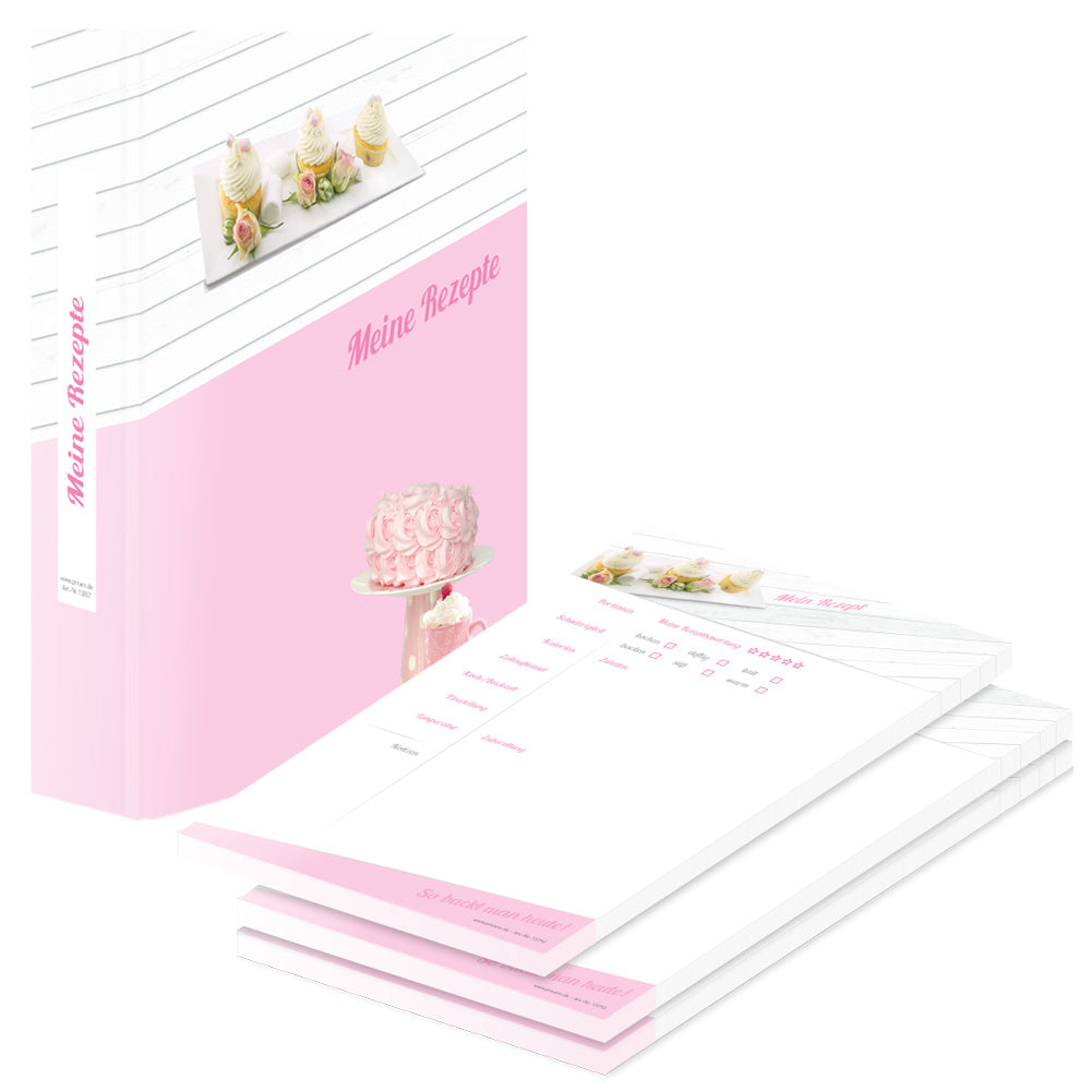 rezeptordner mit rezeptblock cupcake, rosa-weiße optik mit cupcakes, torte und der aufschrift meine rezepte, seitliche ansicht