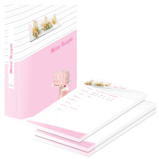 rezeptordner mit rezeptblock cupcake, rosa-weiße optik mit cupcakes, torte und der aufschrift meine rezepte, seitliche ansicht
