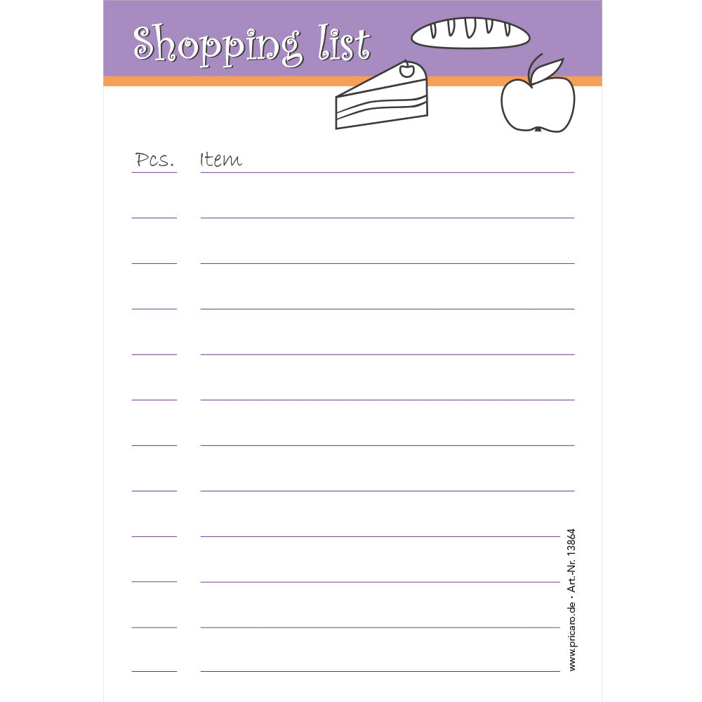 einkaufsliste food, lila, a6, sprachversion englisch, liniert mit zeilen für stück und produkt, frontansicht