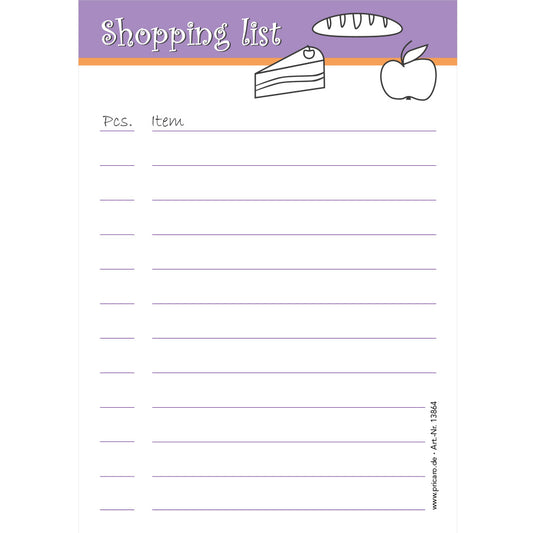 einkaufsliste food, lila, a6, sprachversion englisch, liniert mit zeilen für stück und produkt, frontansicht