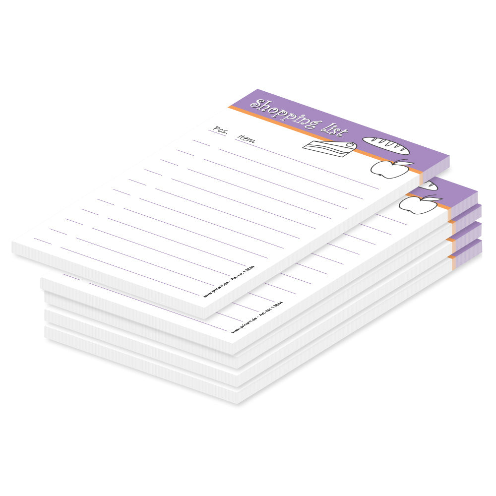 einkaufsliste food, lila, a6, sprachversion englisch, liniert mit zeilen für stück und produkt, 5er set