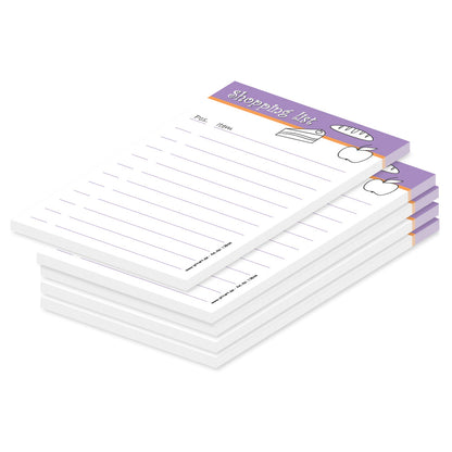 einkaufsliste food, lila, a6, sprachversion englisch, liniert mit zeilen für stück und produkt, 5er set