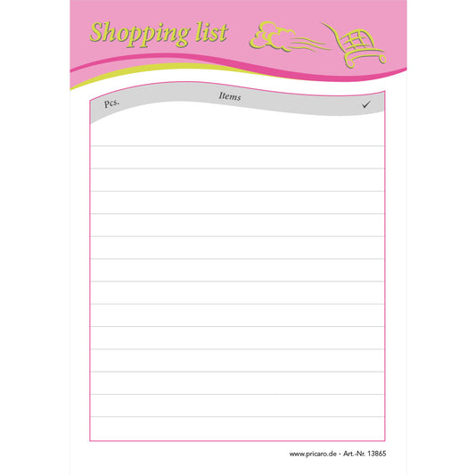 einkaufsliste speed, a6, pink, sprachversion englisch, bietet platz für stück und produkt, liniert,front ansicht