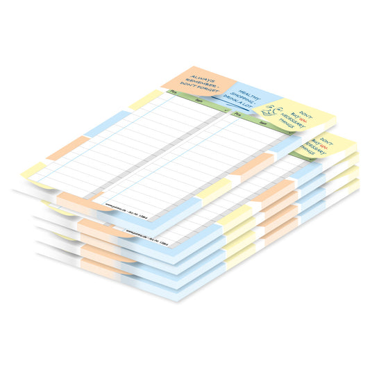 einkaufsliste notes, a6, bunte optik, sprachversion englisch, bietet platz für stück und produkt, liniert, 5er set