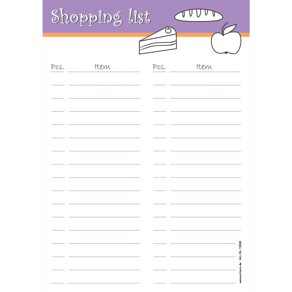 einkaufsliste food, a5, lila optik, sprachversion englisch, bietet platz für stück und produkt, liniert, frontansicht