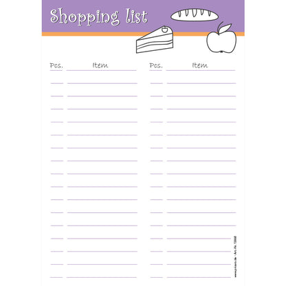 einkaufsliste food, a5, lila optik, sprachversion englisch, bietet platz für stück und produkt, liniert, frontansicht