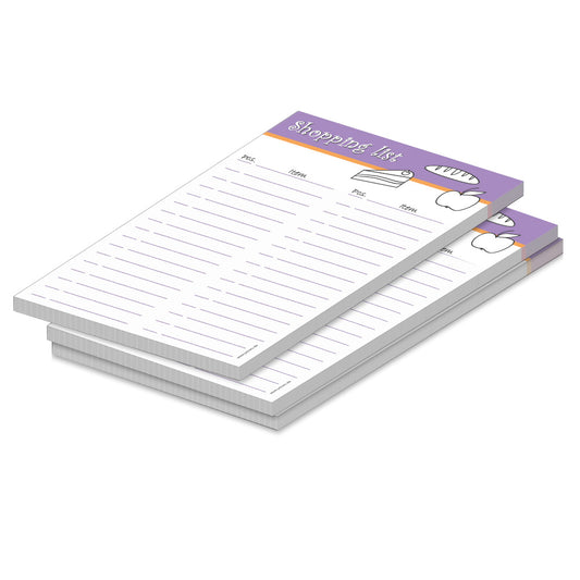 einkaufsliste food, a5, lila optik, sprachversion englisch, bietet platz für stück und produkt, liniert, 3er set