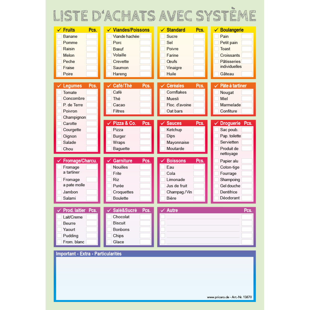 einkaufsliste system bunt, französiche sprachversion, a5, mit aufgeführten lebensmitteln und feldern zum ankreuzen, welches lebensmittel benötigt wird, frontansicht
