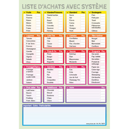 einkaufsliste system bunt, französiche sprachversion, a5, mit aufgeführten lebensmitteln und feldern zum ankreuzen, welches lebensmittel benötigt wird, frontansicht