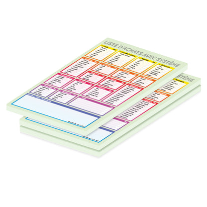 einkaufsliste sytem bunt, a5, bunte optik, sprachversion französisch, vorgefertigte felder für verschiedene lebensmittel zum abhaken, 3er set