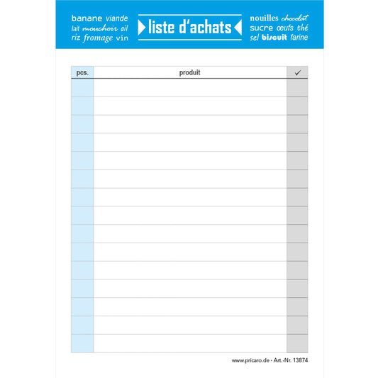 einkaufsliste typo, französiche sprachversion, a6, blau-weiße optik, spalten für artikel und stück, frontansicht