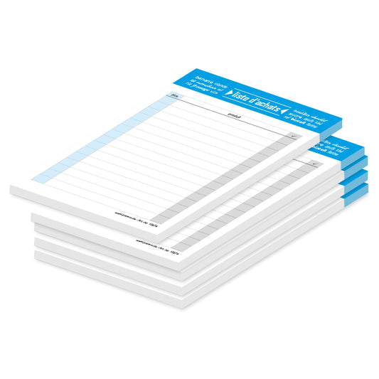 einkaufsliste typo, französiche sprachversion, a6, blau-weiße optik, spalten für artikel und stück, 5er set