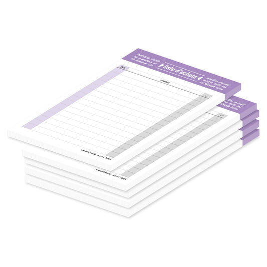 einkaufsliste typo, französiche sprachversion, a6, lila-weiße optik, spalten für artikel und stück, 5er set