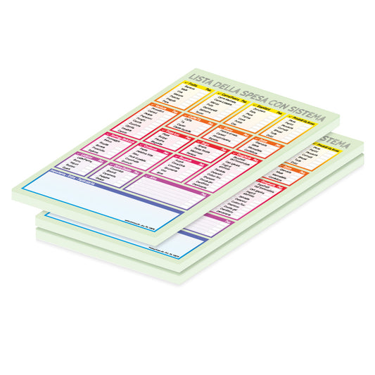 einkaufsliste system, italienische sprachversion, a5, bunte optik, spalten für verschiedene lebensmittel zum ankreuzen, 3er set