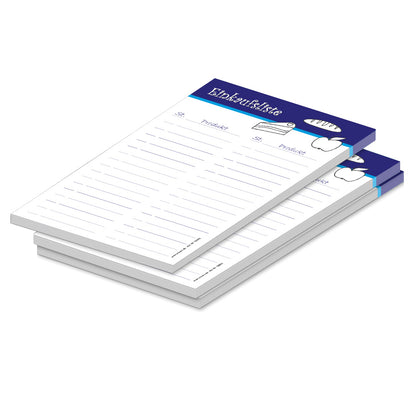 einkaufsliste food, a5, dunkelblau-weiße optik mit aufgedruckten lebensmitteln, zeilen und spalten für stückzahl und artikel, 3er set