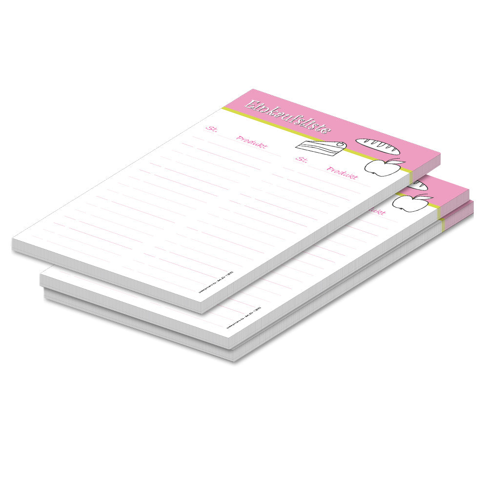 einkaufsliste food, a5, rosa-weiße optik mit aufgedruckten lebensmitteln, zeilen und spalten für stückzahl und artikel, 3er set
