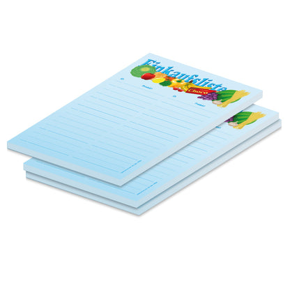 einkaufsliste "vielfalt", a5, blaue opitk mit abgebildetem obst und gemüse und spalten für produkt und stückzahl, 3er set