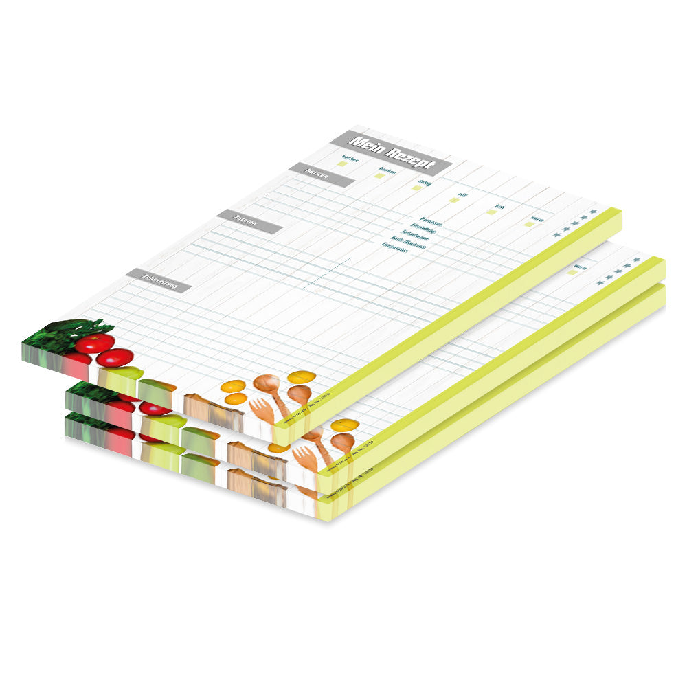 rezeptblock frisches gemüse, a4, bunte optik mit aufgedruckten gemüsesorten und platz für zutaten, notizen und zubereitunggschritten, 3er set