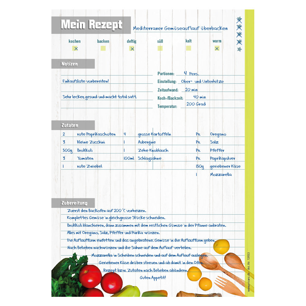 rezeptblock frisches gemüse, a4, bunte optik mit aufgedruckten gemüsesorten und platz für zutaten, notizen und zubereitunggschritten, ausfüllbeispiel