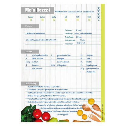 rezeptblock frisches gemüse, a4, bunte optik mit aufgedruckten gemüsesorten und platz für zutaten, notizen und zubereitunggschritten, ausfüllbeispiel