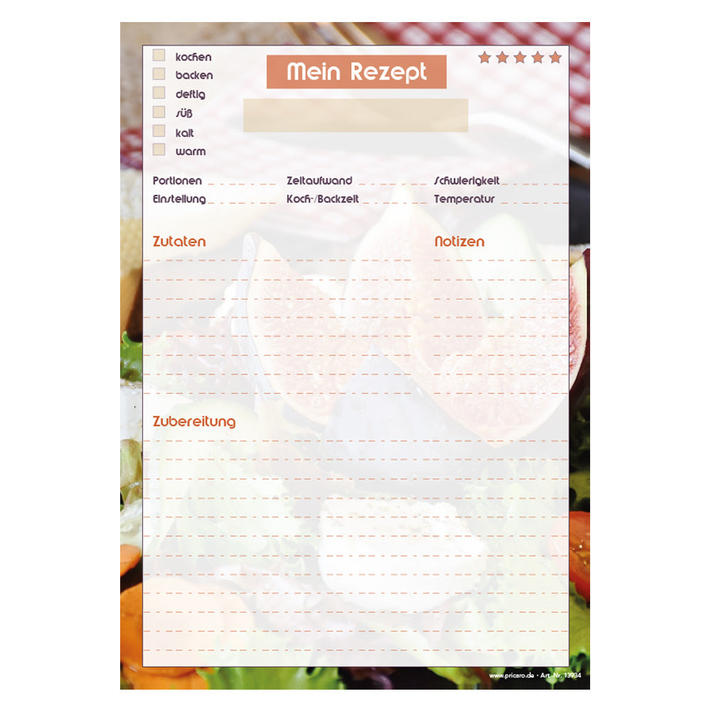 rezeptblock french salad, a4, bunte optik, im hintergrund scheint ein salatmotiv durch, platz für notizen und zubereitunggschritten, frontansicht