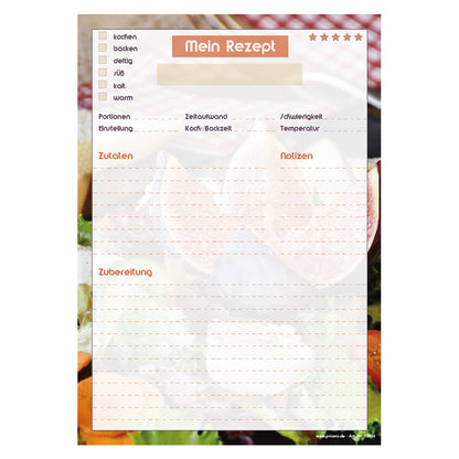 rezeptblock french salad, a4, bunte optik, im hintergrund scheint ein salatmotiv durch, platz für notizen und zubereitunggschritten, frontansicht