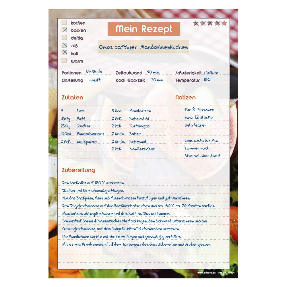 rezeptblock french salad, a4, bunte optik, im hintergrund scheint ein salatmotiv durch, platz für notizen und zubereitunggschritten, ausfüllbeispiel