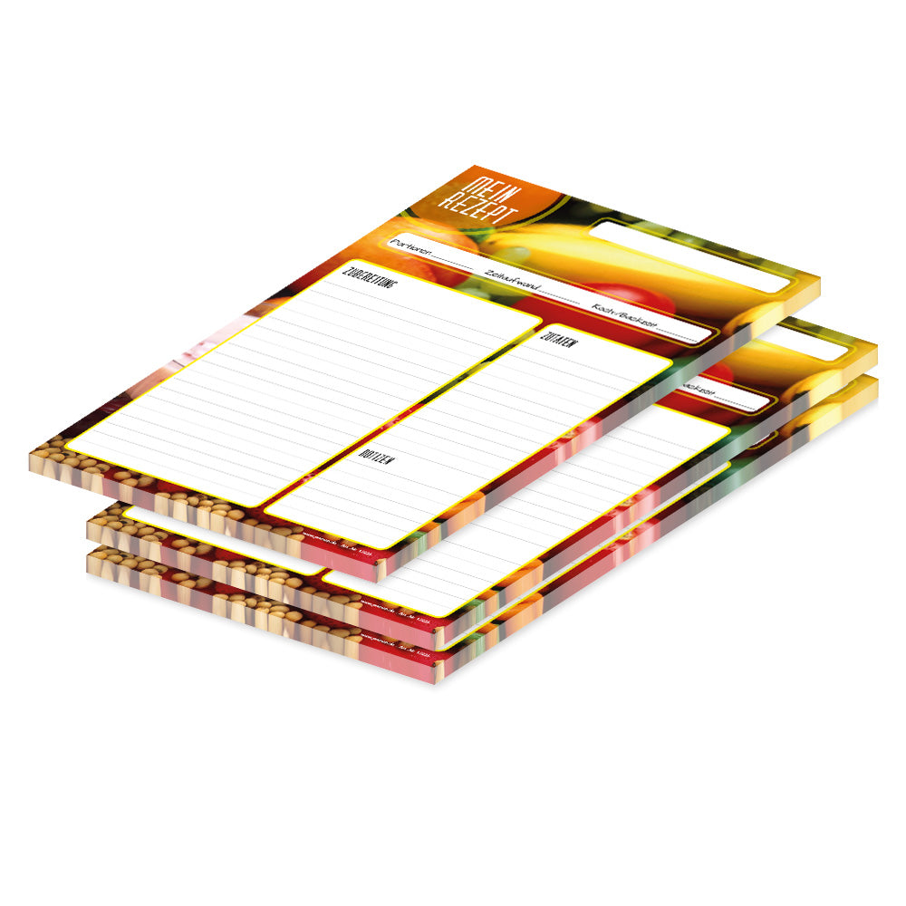 rezeptblock bunte zutaten, a4, bunte optik, aufgedrucktes gemüse und obst, platz für notizen und zubereitunggschritten, 3er set