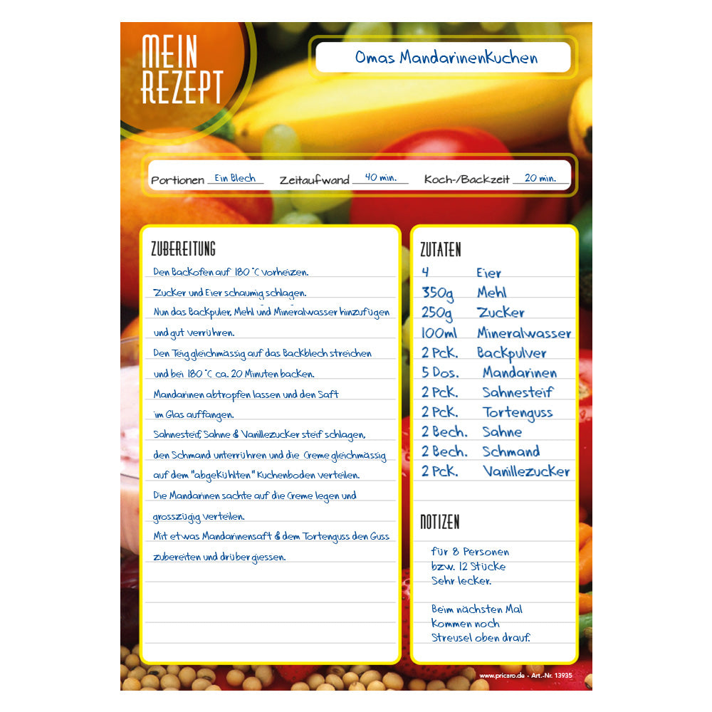 rezeptblock bunte zutaten, a4, bunte optik, aufgedrucktes gemüse und obst, platz für notizen und zubereitunggschritten, ausfüllbeispiel