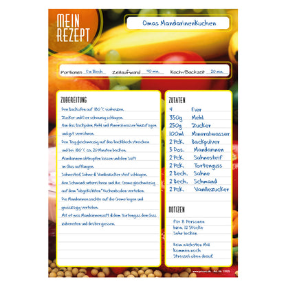 rezeptblock bunte zutaten, a4, bunte optik, aufgedrucktes gemüse und obst, platz für notizen und zubereitunggschritten, ausfüllbeispiel