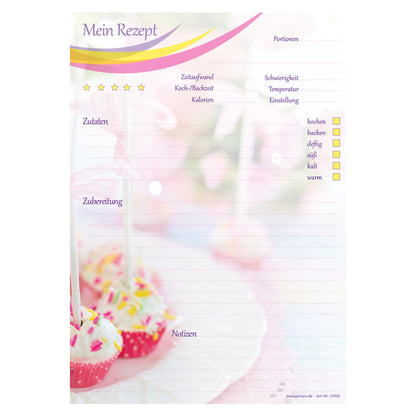 rezeptblock cake pop, a4, bunte optik, aufgedruckte cake pops, platz für notizen und zubereitunggschritten, frontansicht