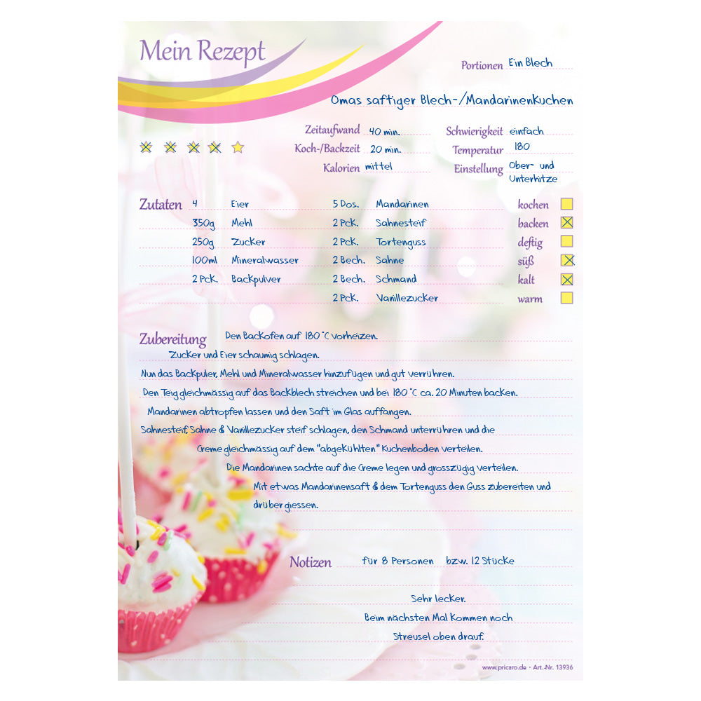 rezeptblock cake pop, a4, bunte optik, aufgedruckte cake pops, platz für notizen und zubereitunggschritten, ausfüllbeispiel