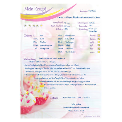 rezeptblock cake pop, a4, bunte optik, aufgedruckte cake pops, platz für notizen und zubereitunggschritten, ausfüllbeispiel