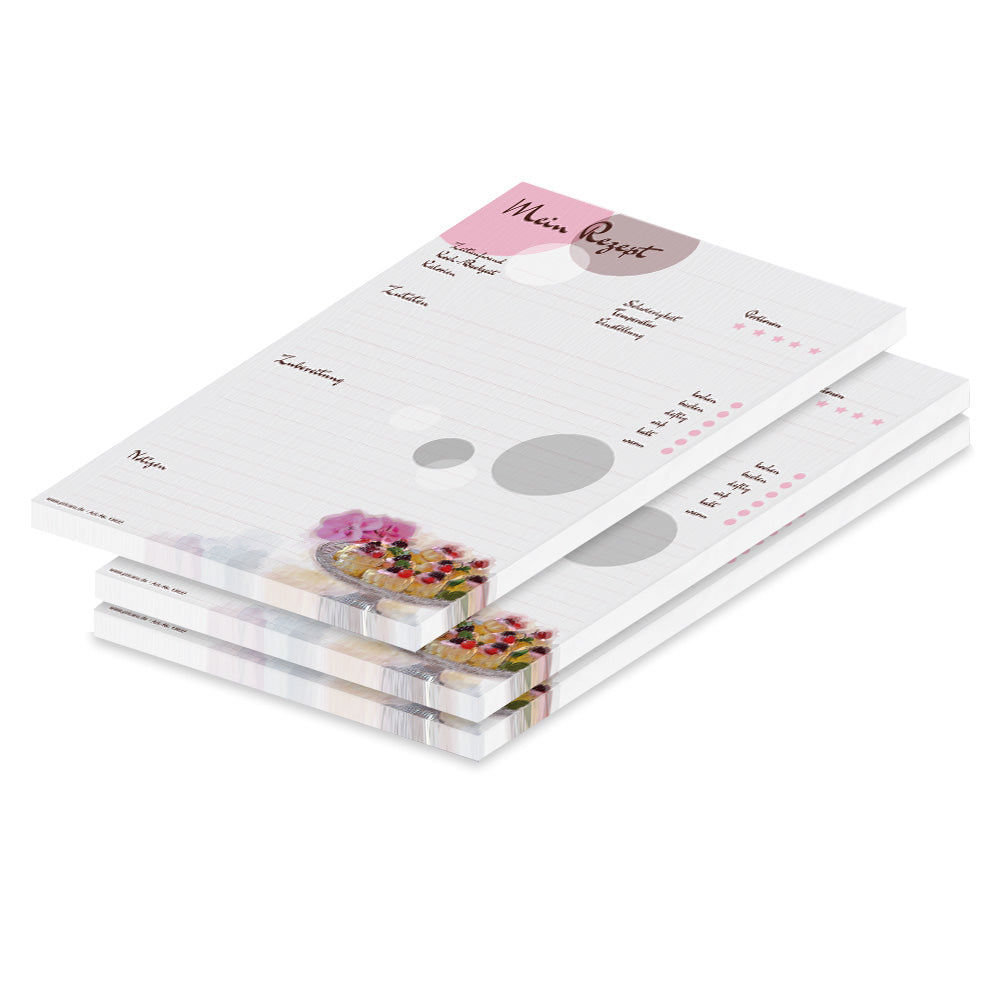 rezeptblock sweet pate, a4, rosa-graue optik, aufgedruckte süße pasteten, platz für notizen und zubereitunggschritten, 3er set