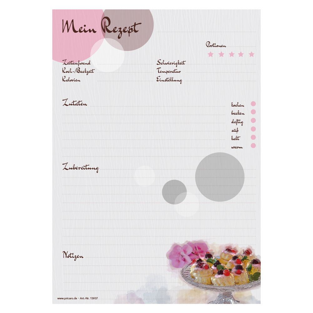 rezeptblock sweet pate, a4, rosa-graue optik, aufgedruckte süße pasteten, platz für notizen und zubereitunggschritten, frontansicht