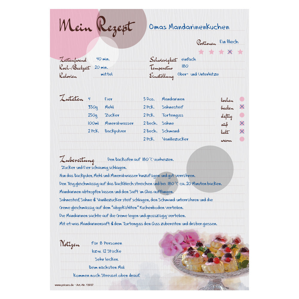 rezeptblock sweet pate, a4, rosa-graue optik, aufgedruckte süße pasteten, platz für notizen und zubereitunggschritten, ausfüllbeispiel
