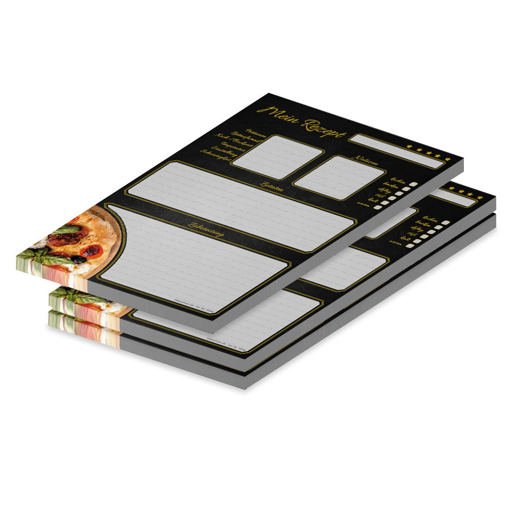 rezeptblock pizza toscana, a4, schwarz-graue optik, aufgedruckte pizza, platz für notizen und zubereitunggschritten, 3er set